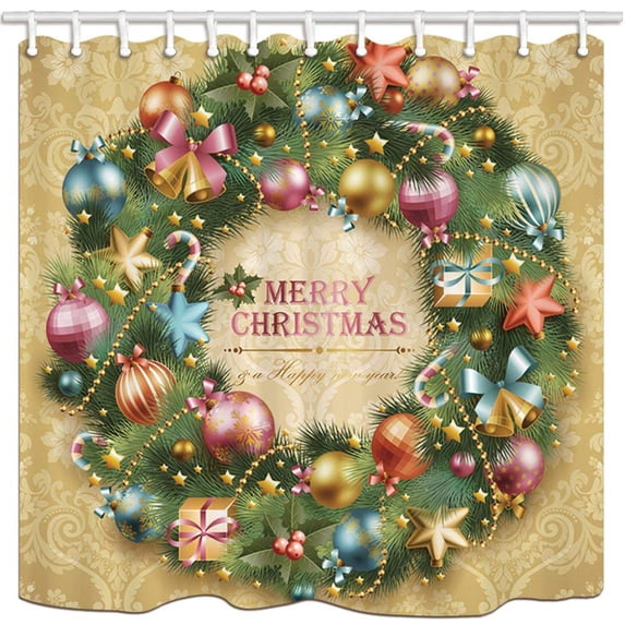ARTJIA New Year Decor Christmas Ball Bell Sweets Garland Polyester Fabric Bathroom Shower Curtain 66x72 inches