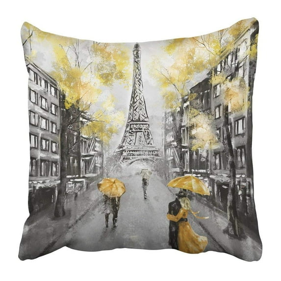 ARTJIA Oil Painting Paris European City Landscape France Eiffel Tower Black White and Yellow Modern Couple Pillowcase Pillow Cover 16x16 inches