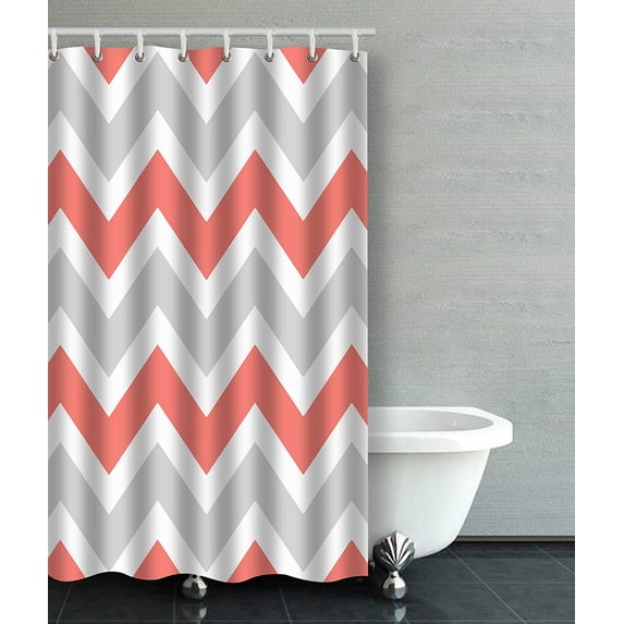 ARTJIA Peach Coral Gray White Chevron Zigzag Pattern Bathroom Shower Curtain 36x72 inches