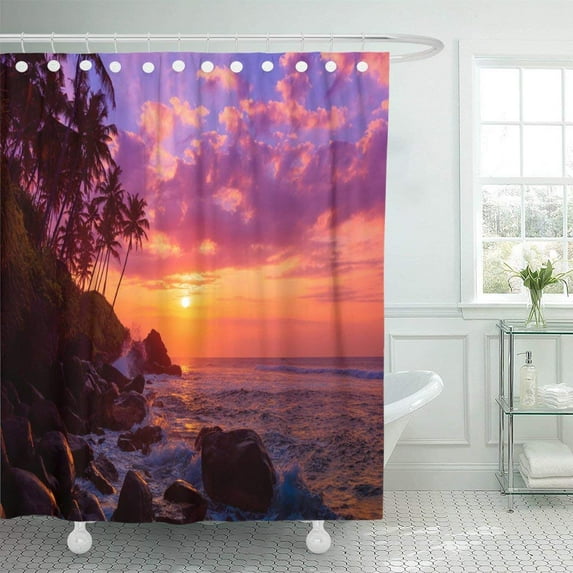 ARTJIA Pink Travel Palm Tress on Tropical Coast at Sunset Orange Beach Scenery Scene Hawaii Polyester Shower Curtain Bathroom Decor 66x72 inches