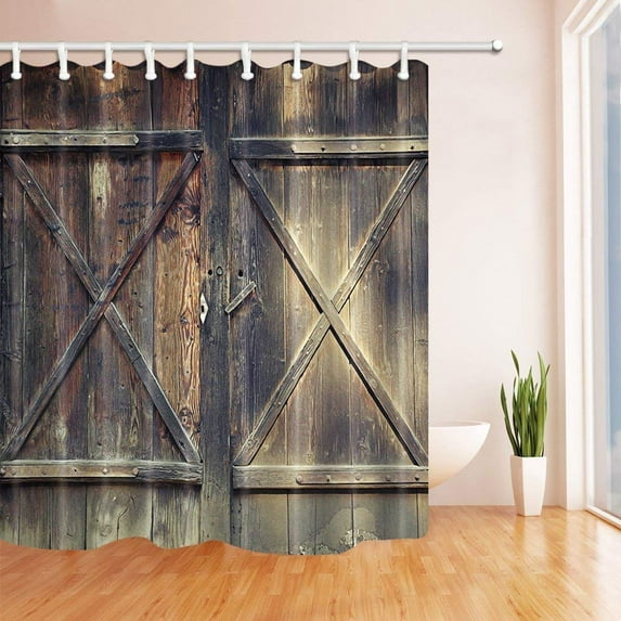 ARTJIA Rustic Wooden Door Barn Door of Farmhouse Oak Countryside Village Polyester Fabric Bath Curtain, Bathroom Shower Curtain 66x72 inches