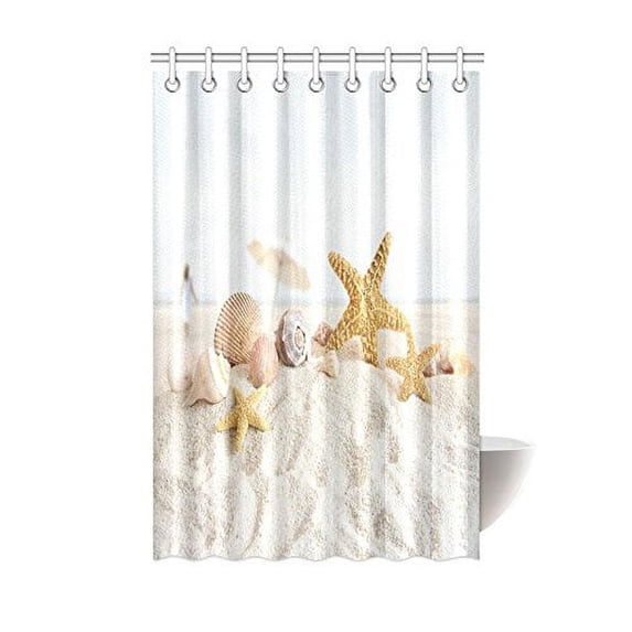 ARTJIA Sea Shells and Starfish Decor Shower Curtain, Beach Seashells Nautical Ocean Seaside Seascape Coastal Art Print Polyester Fabric Shower Curtain 48x72 Inches, White Sand