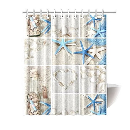 ARTJIA Sea Theme Sandy Beach Shower Curtain, Wooden Starfish Seashells Polyester Fabric Shower Curtain Bathroom Sets 60x72 Inches