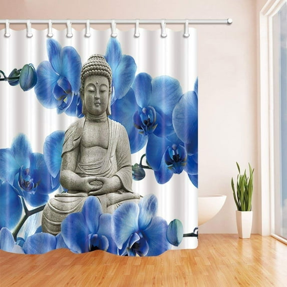 ARTJIA Spa Watercolor Zen Yoga Blue Flower Backdrop Polyester Fabric Bath Curtain, Bathroom Shower Curtain 66x72 inches