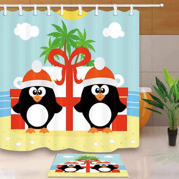 ARTJIA Summer Tropical Christmas Decor Two Penguins with Gift Box on Beach Shower Curtain 66x72 inches with Floor Doormat Bath Rugs 15.7x23.6 inches
