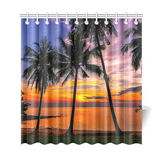 ARTJIA Sunset Sea Beach Landscape Shower Curtain, Tropical Palm Tree Polyester Fabric Shower Curtain Bathroom Sets with Hooks 66x72 Inches