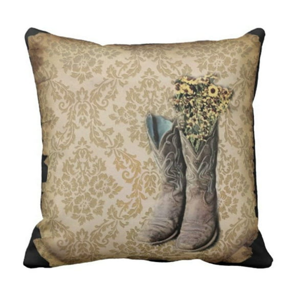 ARTJIA Tan Cowgirl Damask Wildflower Western Country Cowboy Yellow Barn Pillowcase Cushion Cover 16x16 inches