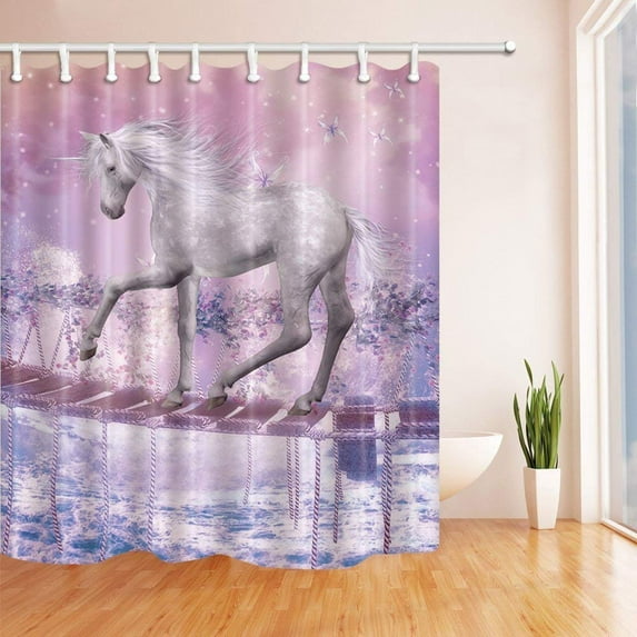 ARTJIA Teen Girls Kids Magic Unicorn Horse Walking on Wooden Bridge in Purple Polyester Fabric Bath Curtain, Bathroom Shower Curtain 66x72 inches