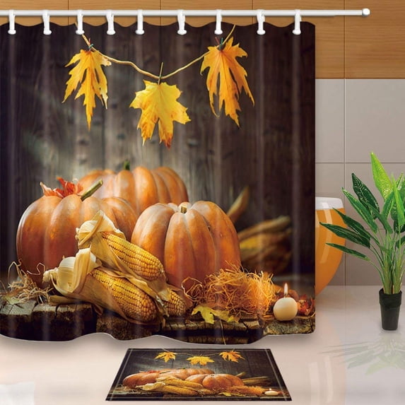 ARTJIA Thanksgiving Day Decor Pumpkin Squash on Wooden in Autumn Festival Shower Curtain 66x72 inches with Floor Doormat Bath Rugs 15.7x23.6 inches
