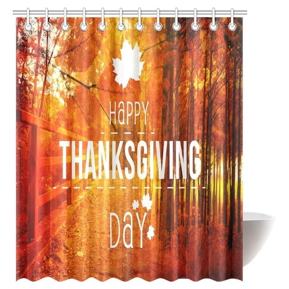ARTJIA Thanksgiving Decor Shower Curtain Set, Happy Thanksgiving Against Autumn Tree and Leaves Scene Fabric Bathroom Shower Curtain 66x72 Inches
