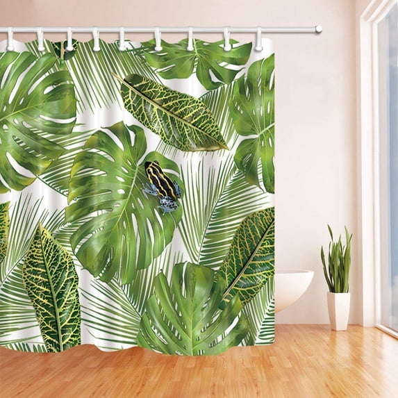 ARTJIA Tropical Hawaiian Exotic Plants Decor Little Frog on Monstera and Palm leaves Polyester Fabric Bath Curtain, Bathroom Shower Curtain 66x72 inches