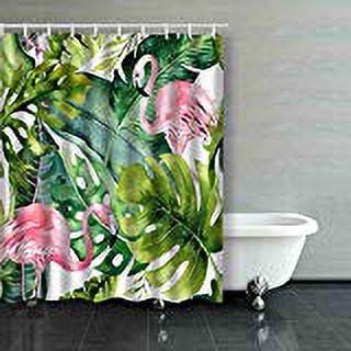 ARTJIA Tropical Isolated Flamingo Watercolor Tropic Drawing Rose Bird Greenery Palm Tree Tropic Green Exotic Flower Shower Curtain Polyester Bathroom Curtain 60x72 inches
