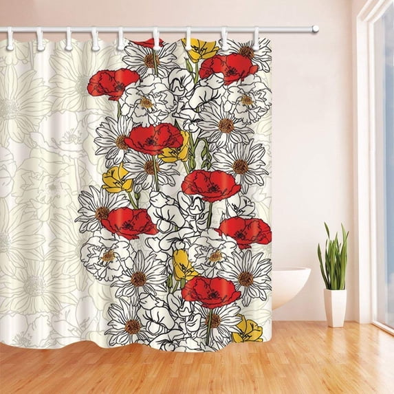 ARTJIA Vector Red Flowers with White and Yellow Polyester Fabric Bath Curtain, Bathroom Shower Curtain 66x72 inches