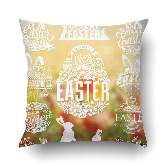 ARTJIA Vintage Easter Typographical Set With Flowers And Rabbit Pillowcase Pillow Cushion Cover 16x16 inch
