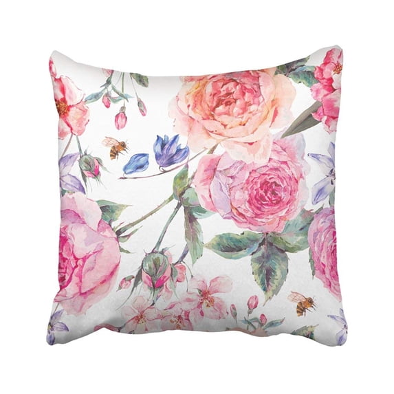 ARTJIA Vintage Garden Watercolor Spring With Pink Flowers Blooming Branches Of Cherry Peach Pear Pillowcase Throw Pillow Cover Case 18x18 inches