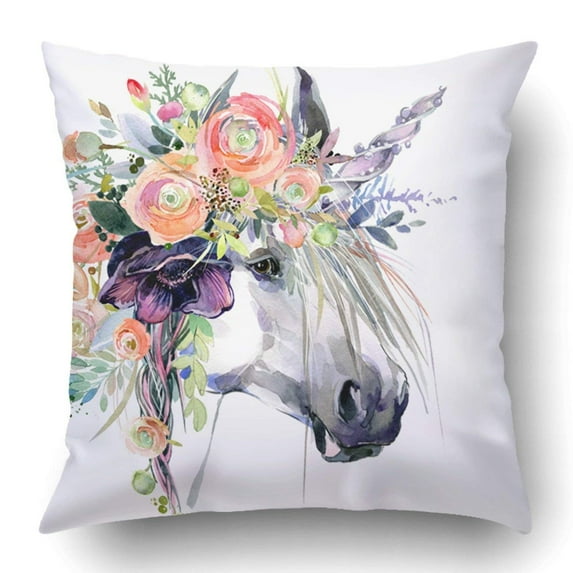 ARTJIA Watercolor Unicorn White Horse In Flower Wreath Pillowcase Pillow Cushion Cover 18x18 inch