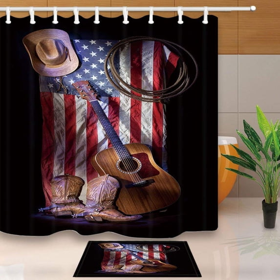 ARTJIA Western Decor Cowboy Roper Boots with Guitar on American Flag Shower Curtain 66x72 inches with Floor Doormat Bath Rugs 15.7x23.6 inches