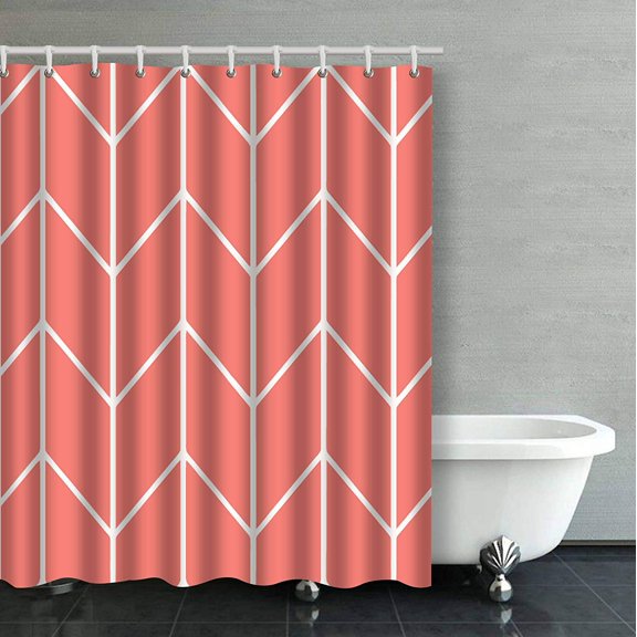 ARTJIA White Chevron Striped Zigzag On Coral Pink Modern Chic Lumbar Bathroom Shower Curtain 66x72 inches