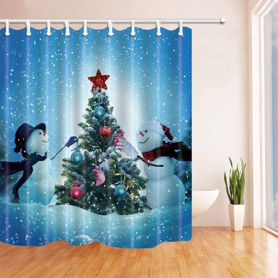 ARTJIA Winter Christmas Snow Landscape Snowmen Decorating a Christmas Tree for Love Polyester Fabric Bath Curtain, Bathroom Shower Curtain 66x72 inches