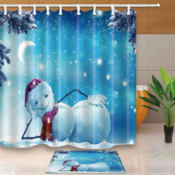 ARTJIA Winter Snow Decor Sowman with Christmas Hat Lying in Snow Shower Curtain 66x72 inches with Floor Doormat Bath Rugs 15.7x23.6 inches