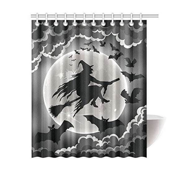 ARTJIA Witch Silhouette Flying with Bats Shower Curtain, Unique Halloween Design Polyester Fabric Shower Curtain Bathroom Sets 60x72 Inches