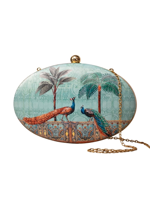 Peacock Pattern Oval Clutch Bag for Women with Detachable Strap
