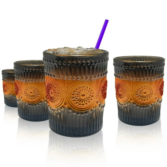 ARTLAND 9.5oz Double Old Fashion Glass, Set of 4 - Halloween Gradient Orange Design, Cocktail Glass for Parties and Everyday Use - Mojito, Whiskey, Cocktail - Glassware & Barware Essentials