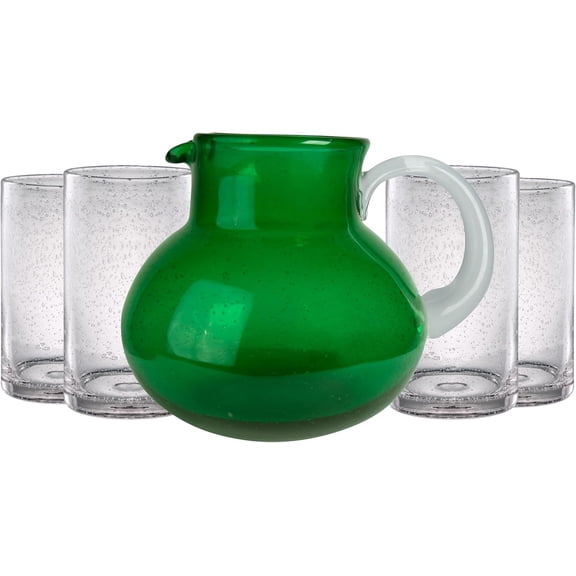 ARTLAND Iris 90oz Glass Pitcher & 17oz Highball Glasses (Set of 4) - Handcrafted Drinkware, Unique Bubble Design, Lead-Free Glass for Serving Beverages, Home Dining, Entertaining Essentials (Green)