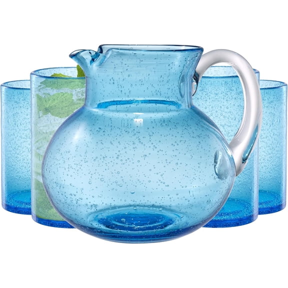 ARTLAND Iris 90oz Hand-Blown Glass Pitcher & 17oz Highball Glasses (Set of 4) - Unique Bubble Shape, Lead-Free Glass, Ideal for Home Dining, Entertaining, Serving - Stylish Drinkware Set (Turquoise)