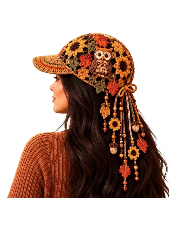 Women’s Handmade Crochet Lattice Baseball Cap, 1 Pc Boho Openwork Hat with 3D Flowers and Beaded Tassels, 4 Styles Available