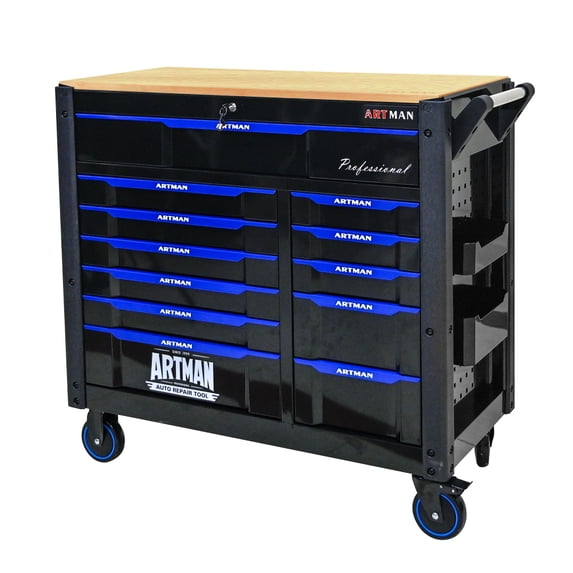 ARTMAN 12-Drawer Rolling Tool Cabinet with Wooden Top – Heavy-Duty Steel Cart, Ball-Bearing Drawers & Locking Wheels for Workshop/Garage (Black & Blue)