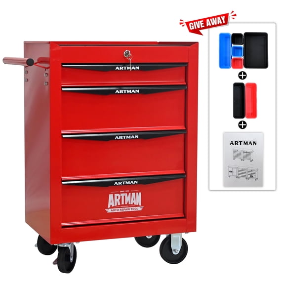 ARTMAN 4 Drawers Steel Storage Rolling Tool Chest Cabinet Cart with Wheels and Stainless Steel Roof