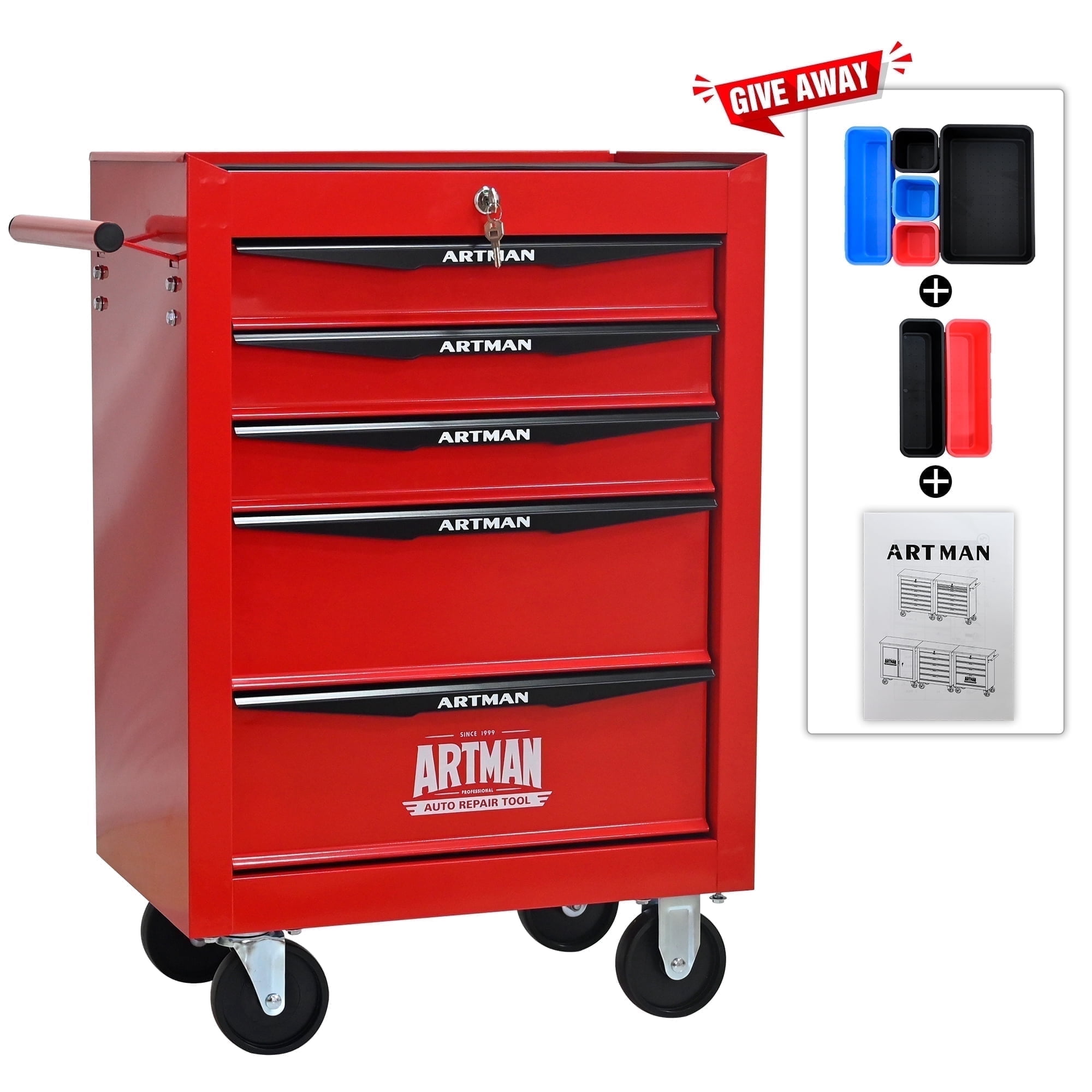 ARTMAN 20" 5-Drawer Rolling Metal Tool Chest ,Heavy Duty Industrial Service Cart Storage Organizer with Locking System for Garage Workshop Warehouse