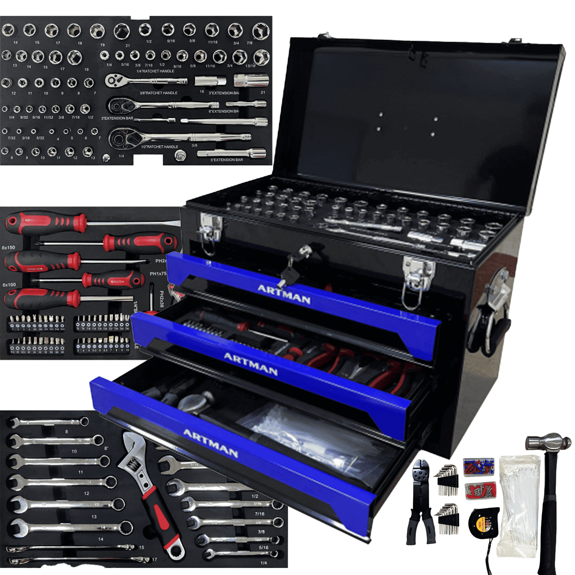 ARTMAN 439 Piece Mechanics Tool Set, 3 Drawer Heavy Duty Portable Toolbox Storage Case with Drawer for Garage Workshop Repair Shop