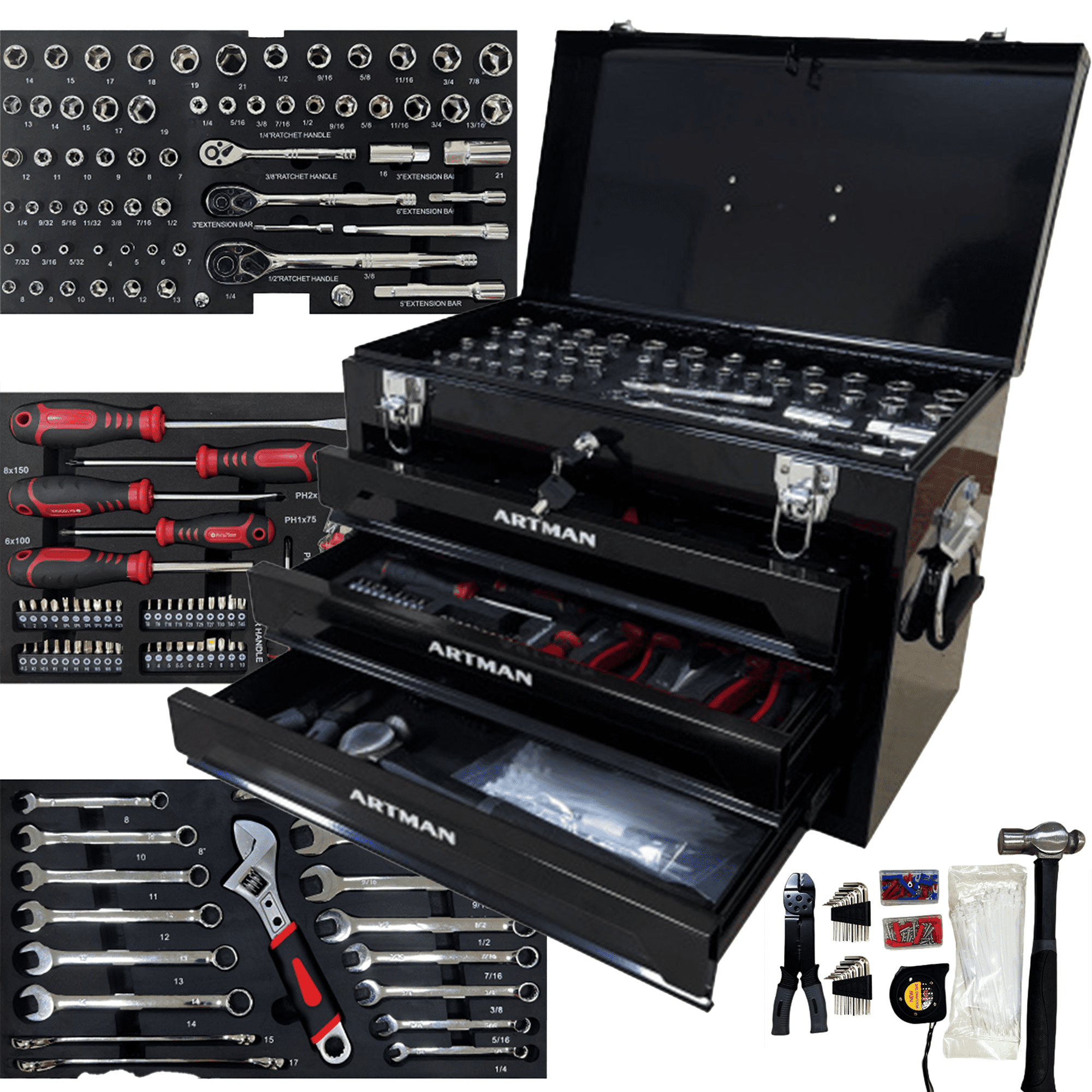 ARTMAN 20" Portable 439 Piece Mechanics Tool Set, 3-Drawer Metal Tool Box with Drawers,Tool Storage Portable Case for Garage Workshop Repair Shop