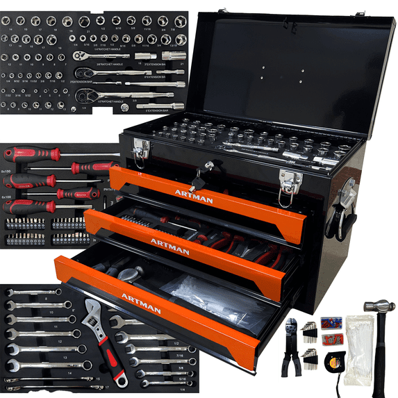 ARTMAN 439 Pcs Metal Tool Box with Drawers, 3-Drawer All Tool Storage Case Box for Garage Workshop Repair Shop