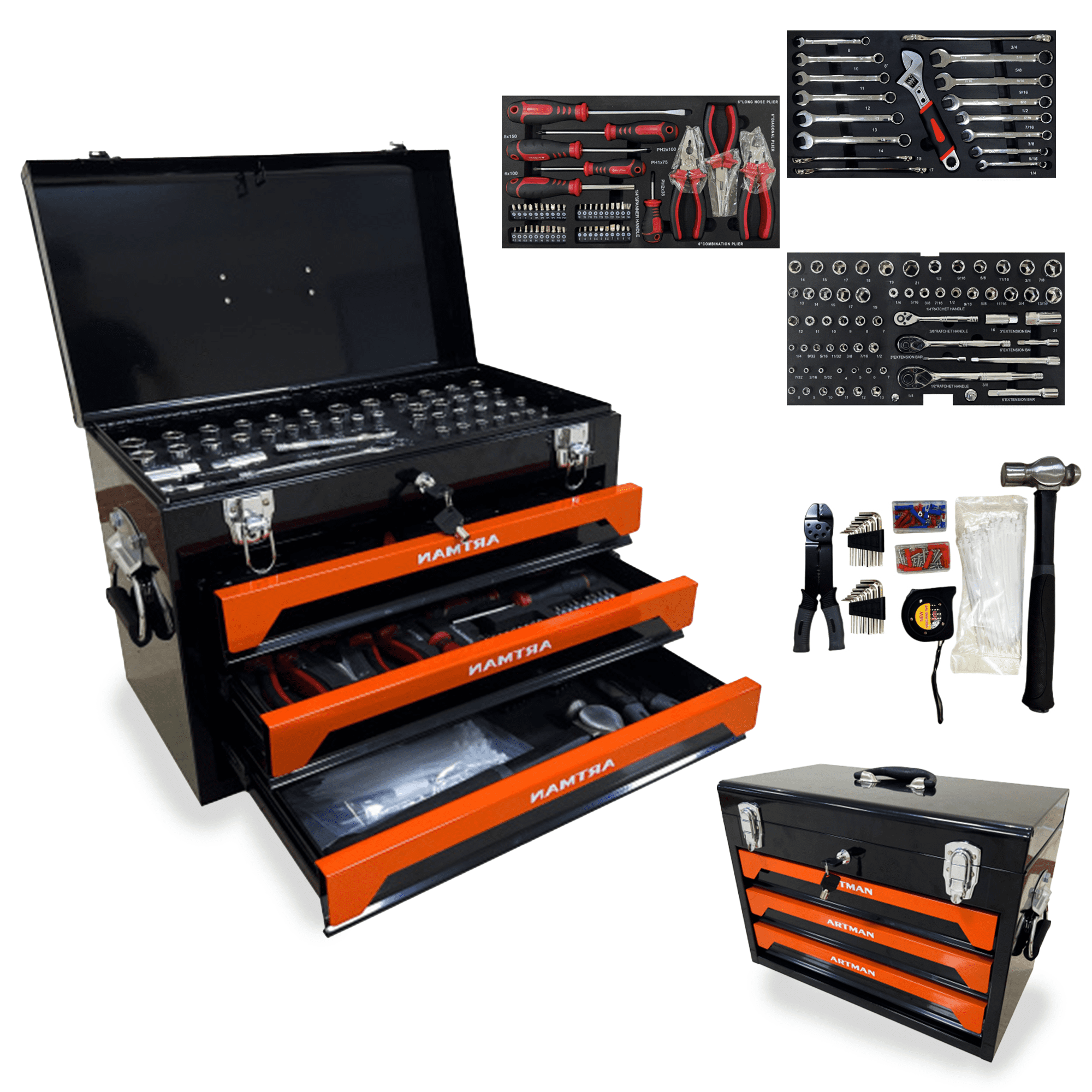 ARTMAN 20" Portable 3-Drawer Metal Tool Box with Drawers,All Tool Storage Case Box for Garage Workshop Repair Shop