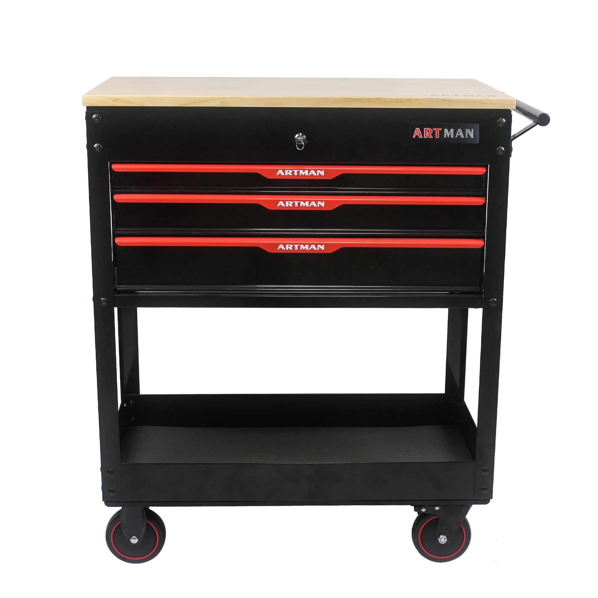 ARTMAN 3 Drawers Rolling Tool Cart, Utility Tool Box with Wheels Wood Top Mechanic Tool Storage Organizer Cabinet, Tool Chest for Garage, Warehouse, Workshop, Repair Shop