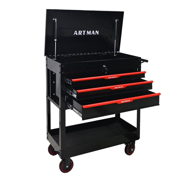 ARTMAN 3-Drawer Rolling Tool Cart with Steel Lift-Up Top, Heavy Duty Lockable Mechanic Tool Chest with Wheels, Multifunctional Tool Storage Cabinet for Garage Warehouse Repair Shop
