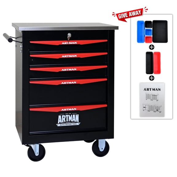 ARTMAN 5 Drawers Steel Storage Rolling Tool Chest Cabinet Cart with Wheels and Stainless Steel Roof