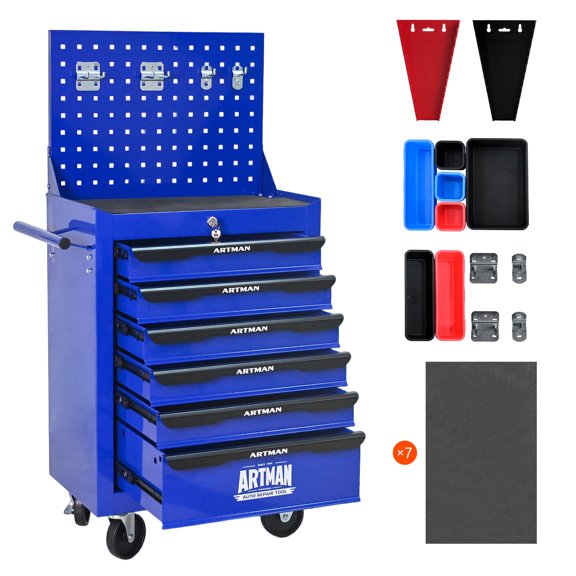 ARTMAN Metal Garage Tool Chest with 6 Drawers, Rolling Tool Chest with Pegboard and Wheels, Tool Box Organizer for Workshop, Art Studio (Blue)