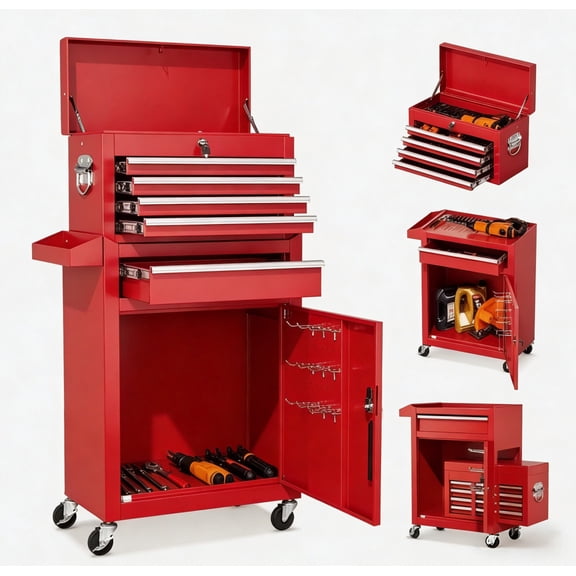 ARTMAN 2-IN-1  Rolling Tool Chest, 5-Drawer Tool Box Organizer w/Lockable Wheels & Sliding Drawers & Detachable Top & Adjustable Shelf-Red