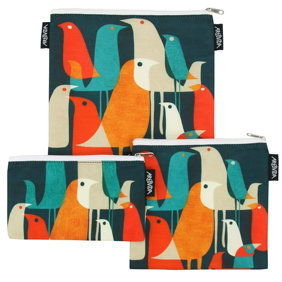 ARTOVIDA Artists Collective Reusable Lunch Baggies | Snack and Sandwich Bags with Zipper - Improved Dual Layer Design by Budi Kwan (Indonesia) "Flock of Birds"