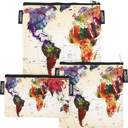 ARTOVIDA Artists Collective Reusable Lunch Baggies | Snack and Sandwich Bags with Zipper - Improved Dual Layer Design by Mark Ashkenazi (Israel) "World Map"