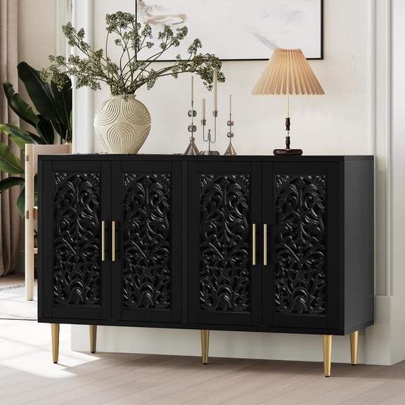 ARTPOWER 47.8" Accent Cabinet with 4 Doors, Vintage Hollow Carving Buffet Cabinet, Sideboards and Buffets with Storage Credenza for Living Room, Kitchen, Dining Room, Entryway, Hallway, Black