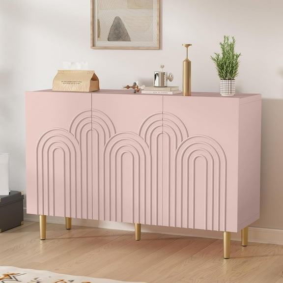 ARTPOWER 47" Accent Cabinet with Cloud Relief, Sideboard Buffet Cabinet with 3 Doors, Modern Decorative Credenza with Storage for Living Room, Kitchen, Dining Room, Hallway, Entryway, Pink