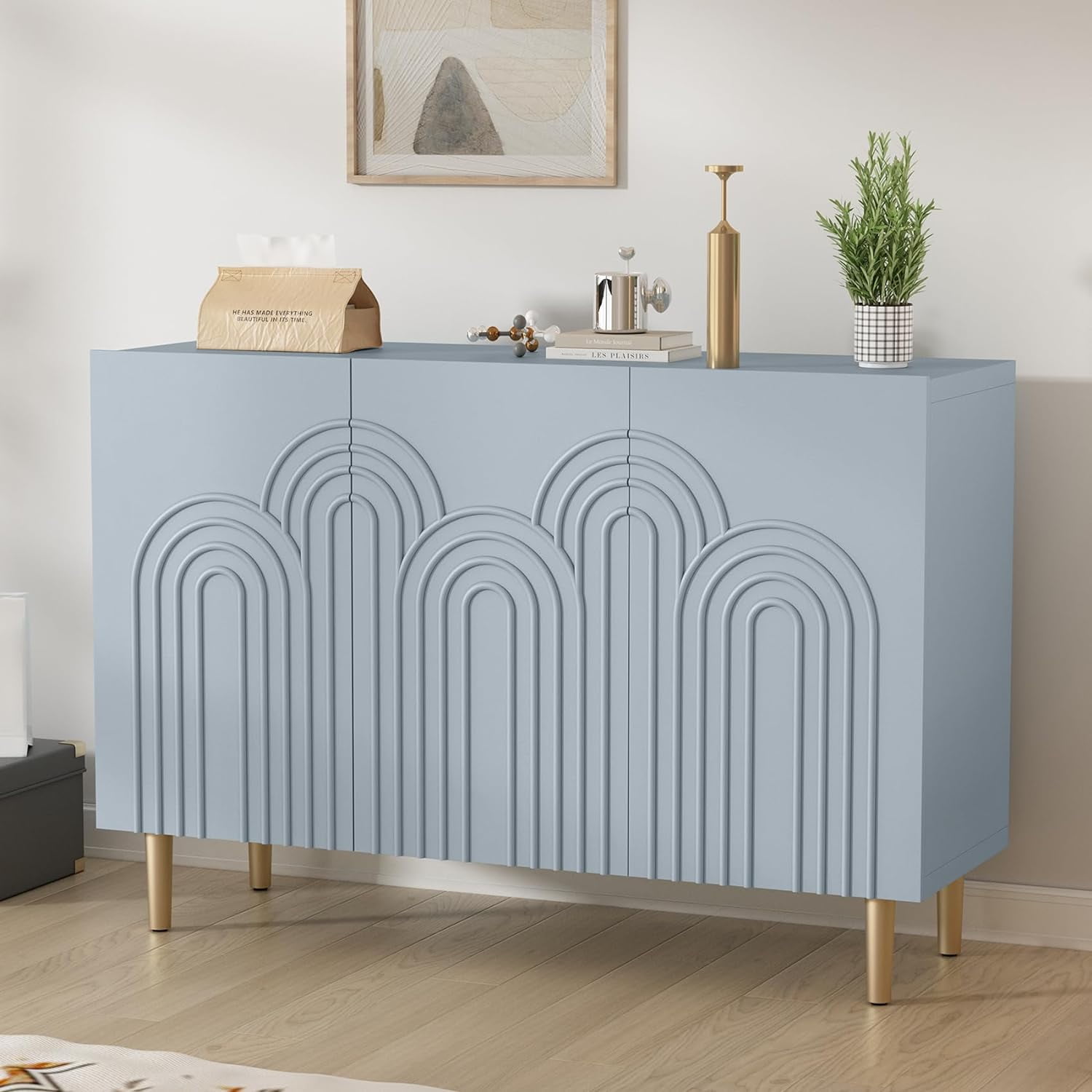 Blue 47" Modern MDF Sideboard with Cloud Relief Pattern