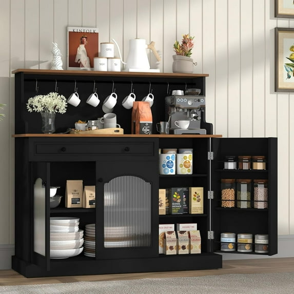 ARTPOWER 48” Kitchen Pantry with Glass Doors, Wood Coffee Bar Cabinet with Drawer, Black Microwave Cabinet with Hutch, Farmhosue Buffet Sideboard for Living Room, Dining Room