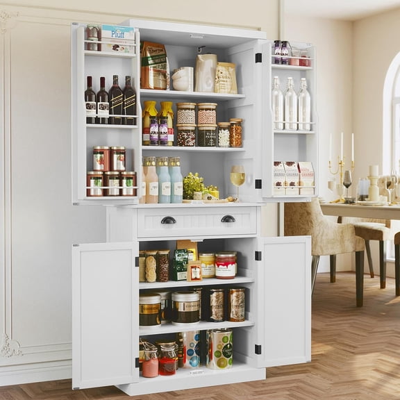 ARTPOWER 72" Pantry Storage Cabinet with Drawer, Freestanding Tall Cupboard Storage Cabinet, Utility Pantry with Door Shelves and 2 Adjustable Shelves for Kitchen, Dining Room,Living Room, White