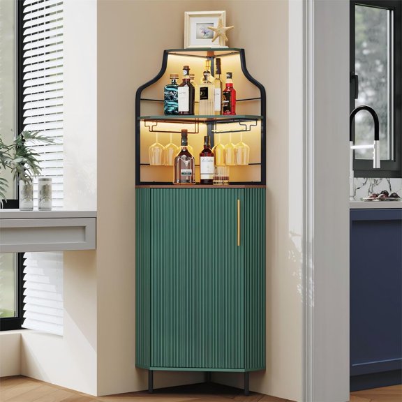 ARTPOWER Corner Bar Cabinet with LED Strip, 4-Tiers Modern Corner Coffee Bar with Glass Holder, Fluted Tall Liquor Cabinet for Kitchen, Dining Room, Living Room, Green
